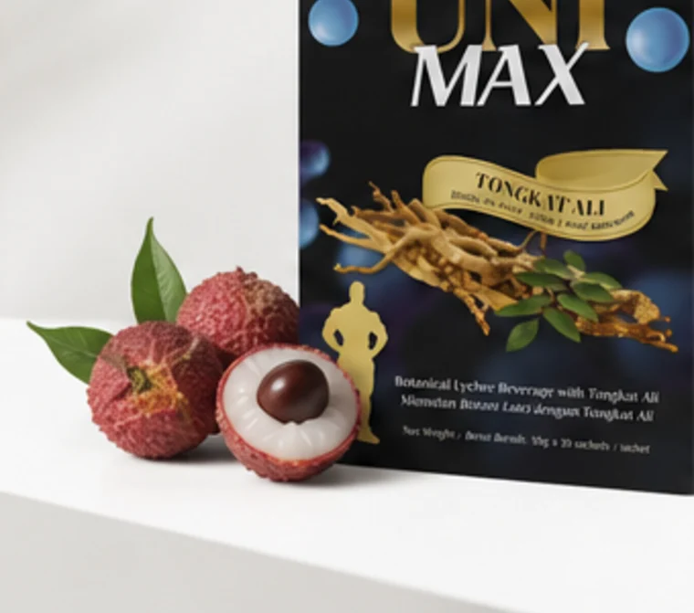 Fresh lychee fruit beside UNI MAX packaging