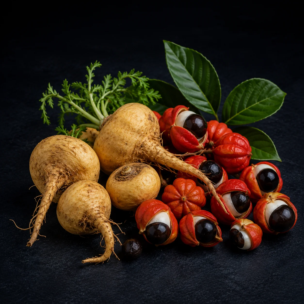 Maca roots and Guarana seeds