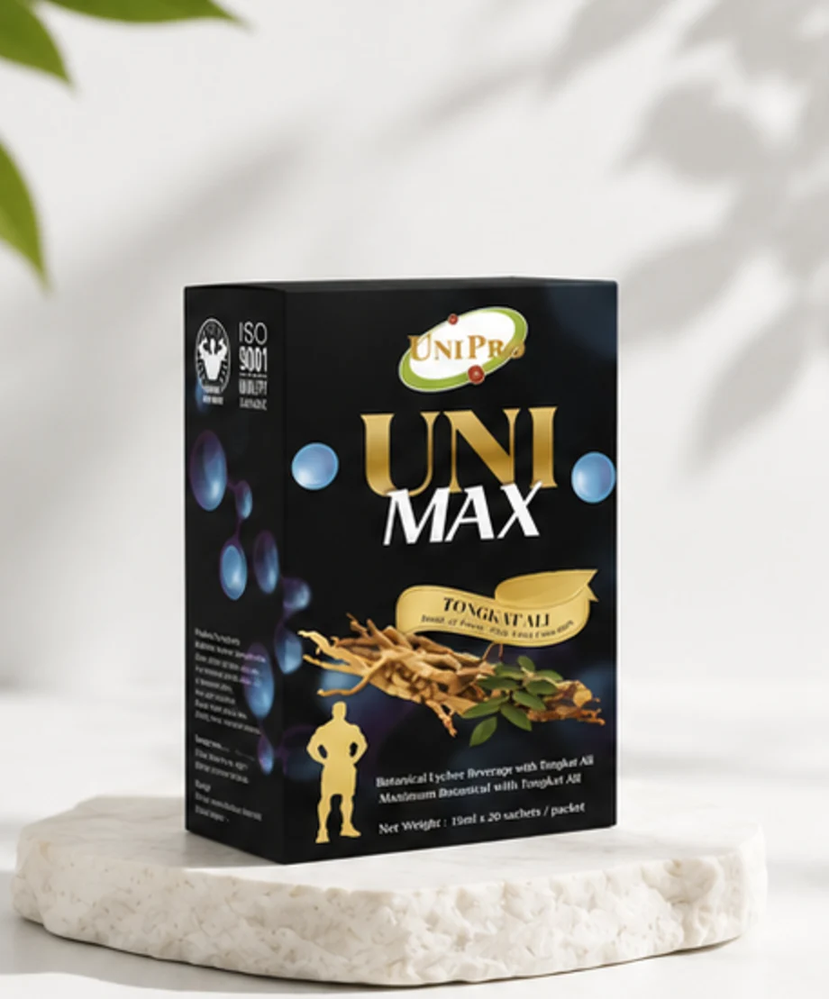 UNI MAX botanical lychee vitality drink box with Tongkat Ali, on a stone podium