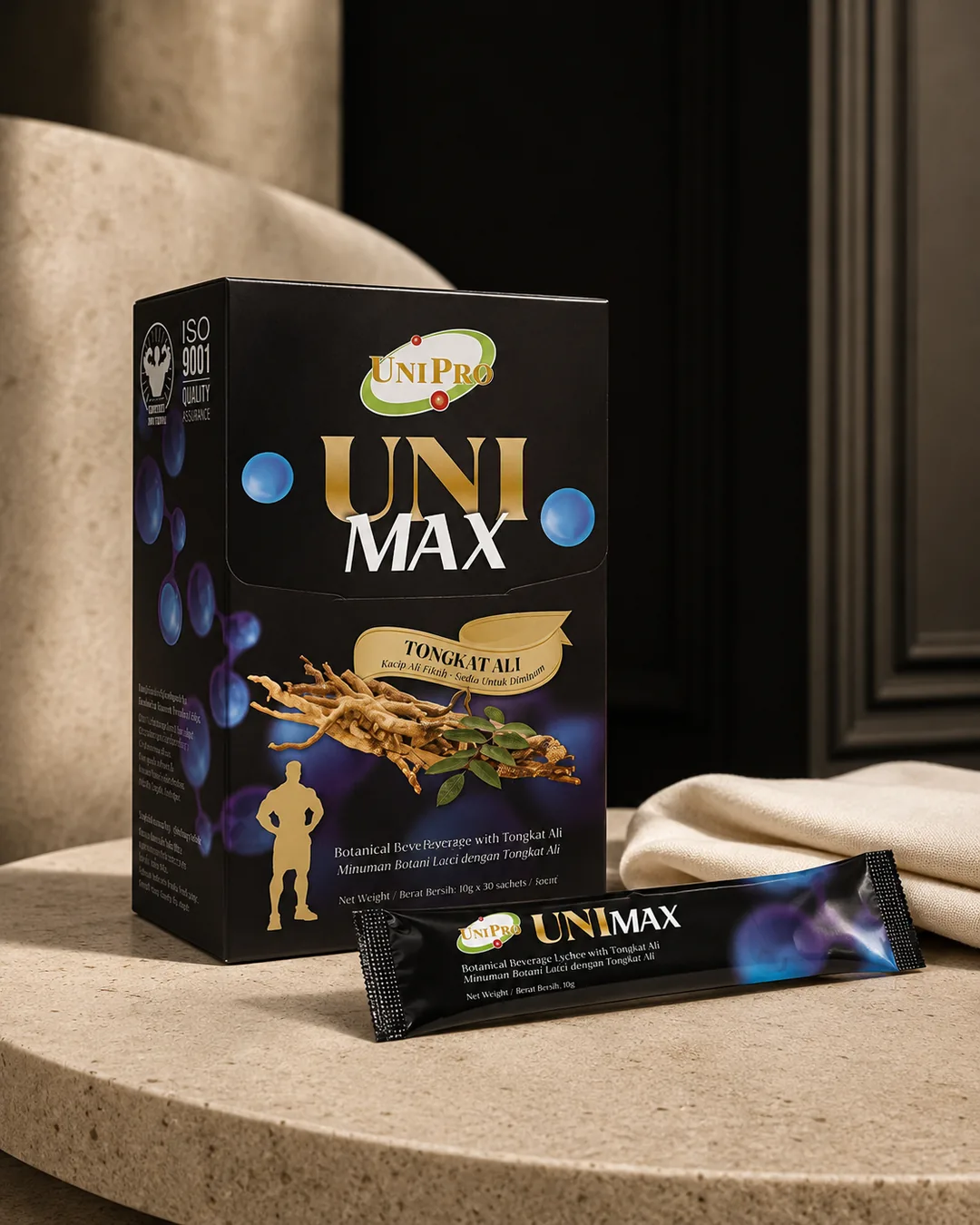 UNI MAX box and sachet on a dark premium podium