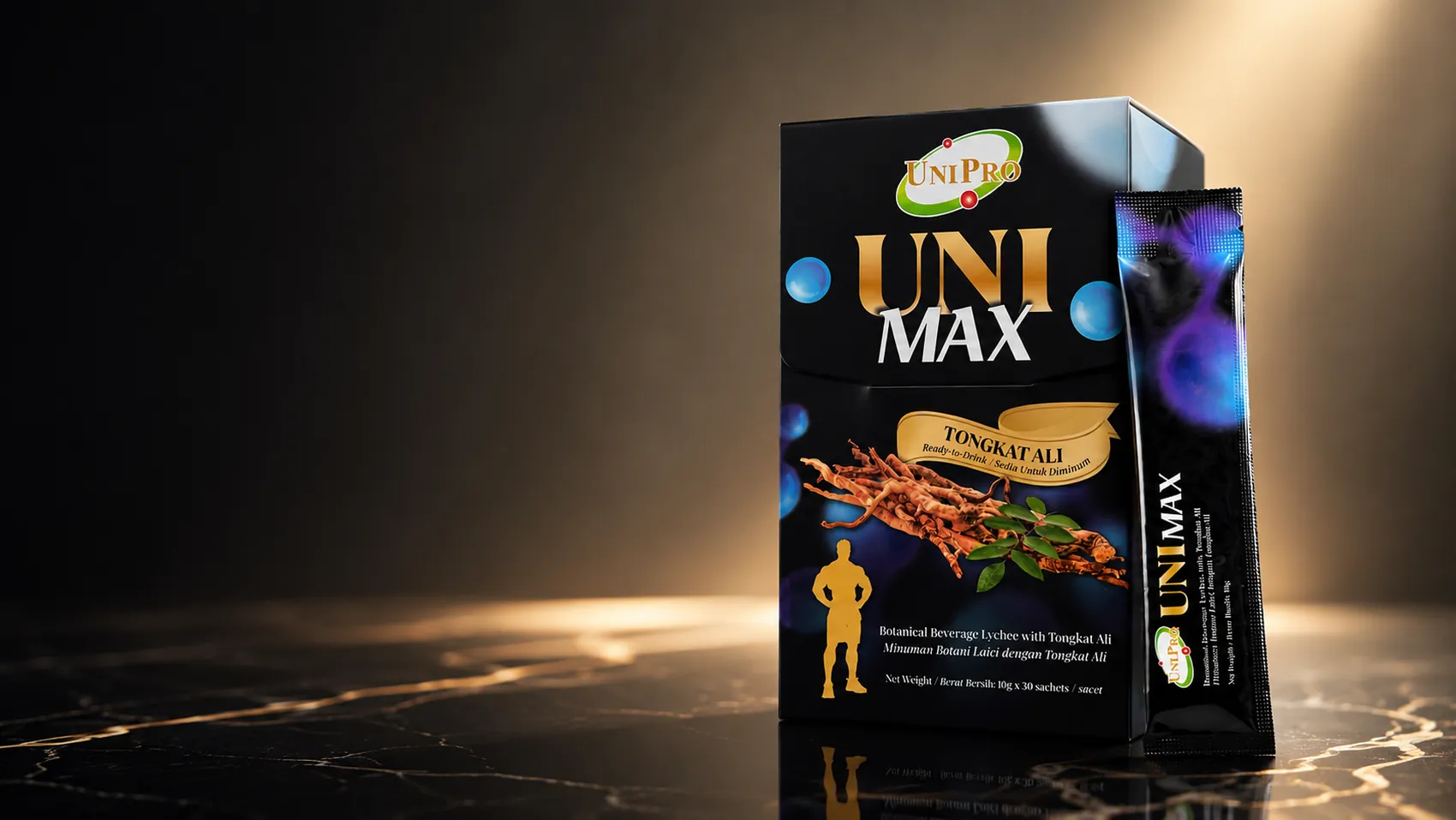 UNI MAX box and sachet lit by a warm gold light on a black background