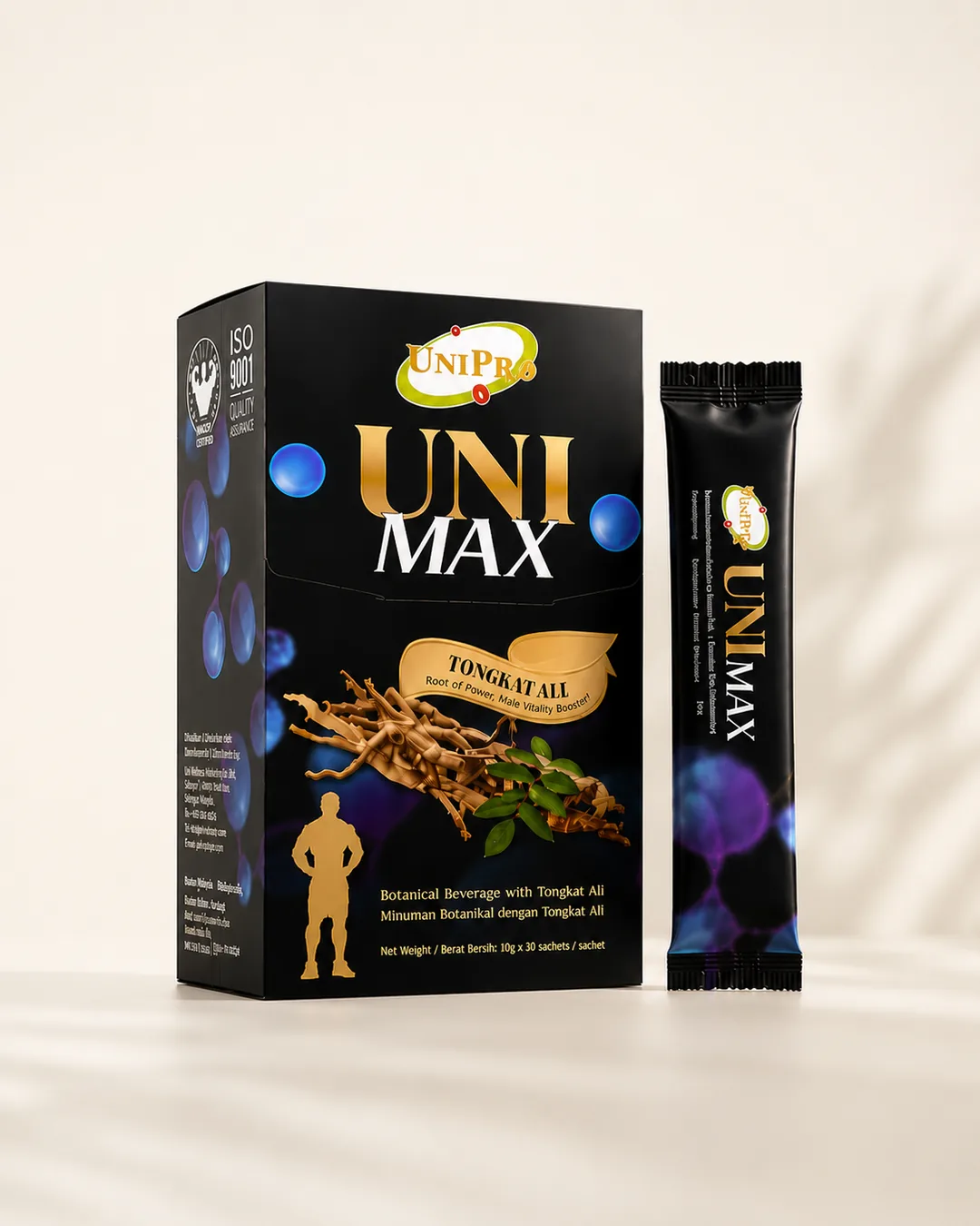 UNI MAX box and sachet, clean studio shot