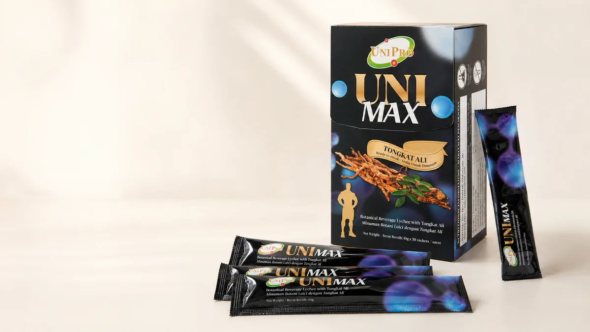 UNI MAX box opened, showing the ready-to-drink sachets inside