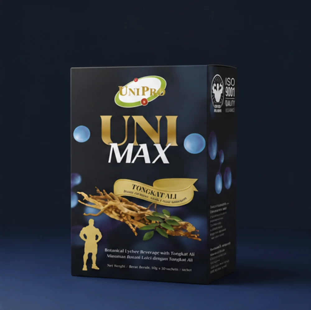 UNI MAX box with Tongkat Ali botanicals on a deep navy backdrop